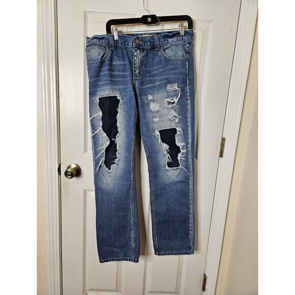 Decibel Distressed And Patches Straight Leg Mens Blue Jeans Size 34x32 - Picture 1 of 10